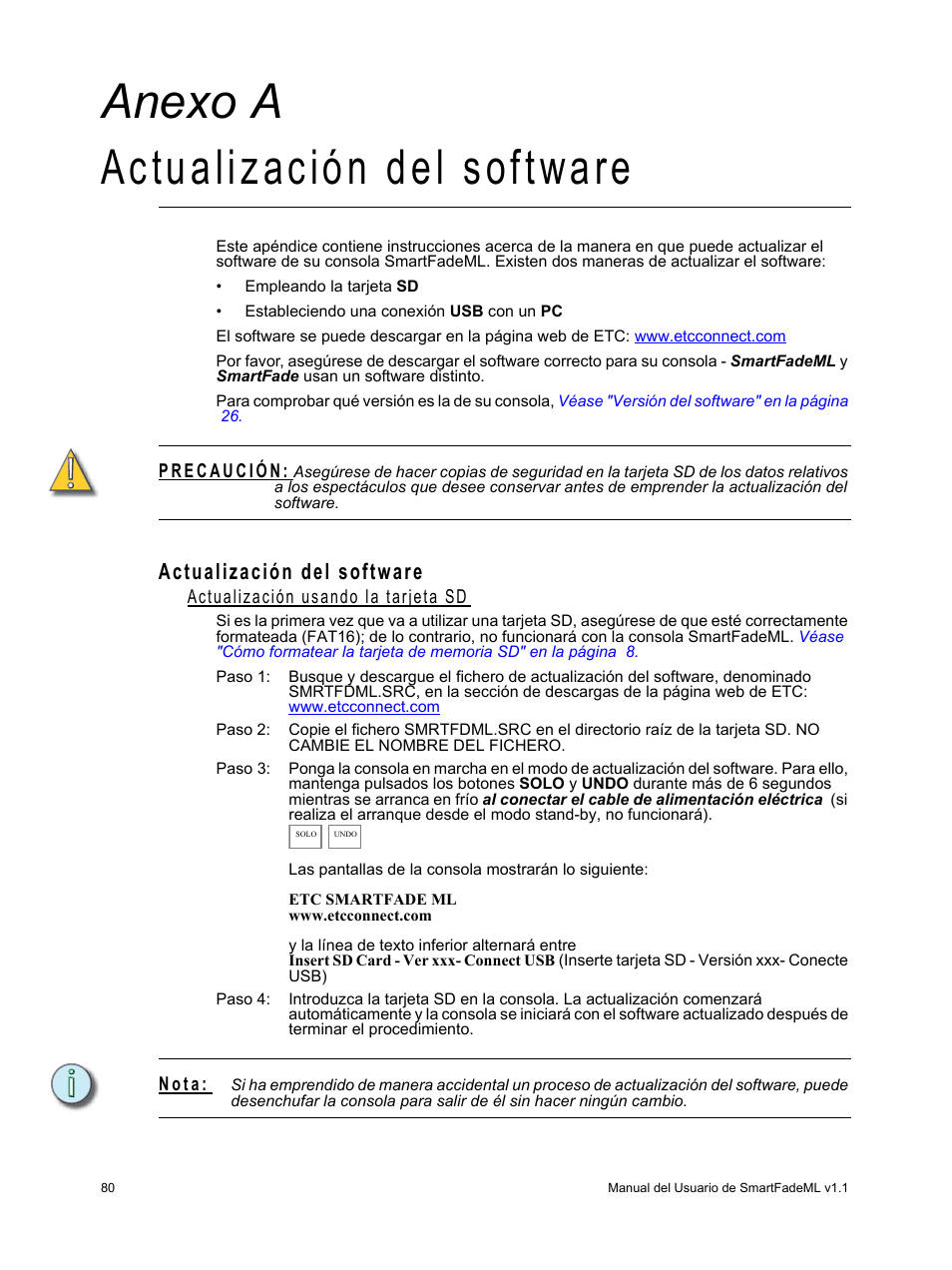 Actualización del software, Actualización usando la tarjeta sd, A n e x o a | Anexo a actualización del software | ETC SmartFade ML v1.1.0 User Manual | Page 86 / 92