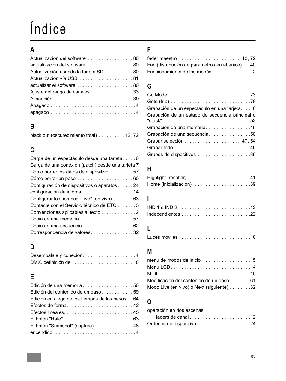 Índice | ETC SmartFade ML v1.1.0 User Manual | Page 89 / 92