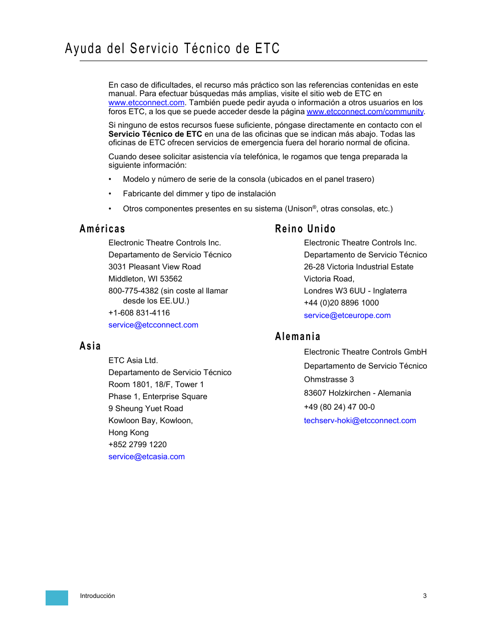 Ayuda del servicio técnico de etc, Américas, Asia | Reino unido, Alemania | ETC SmartFade ML v1.1.0 User Manual | Page 9 / 92