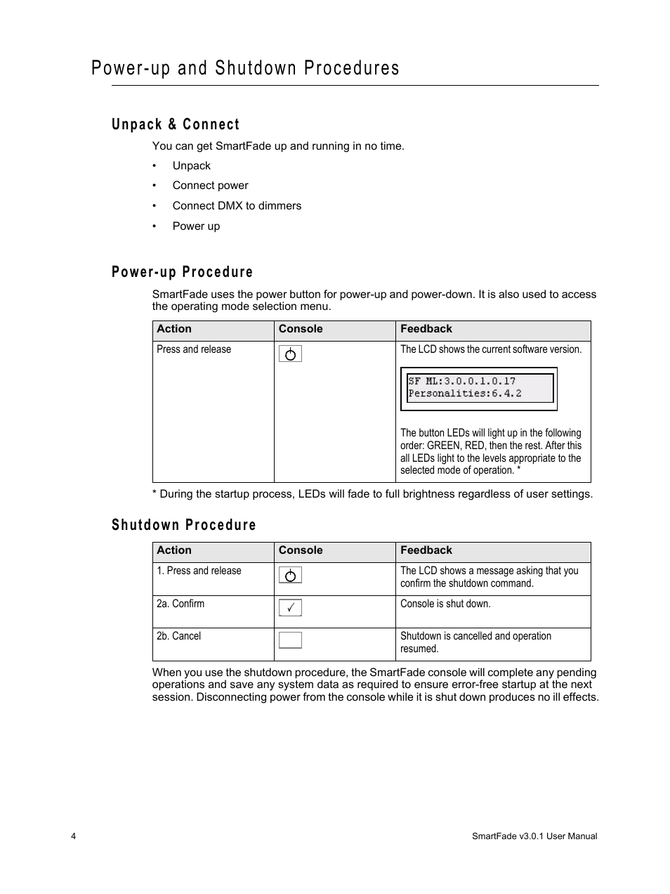 Power-up and shutdown procedures, Unpack & connect, Power-up procedure | Shutdown procedure | ETC SmartFade v3.0.1 User Manual | Page 10 / 84