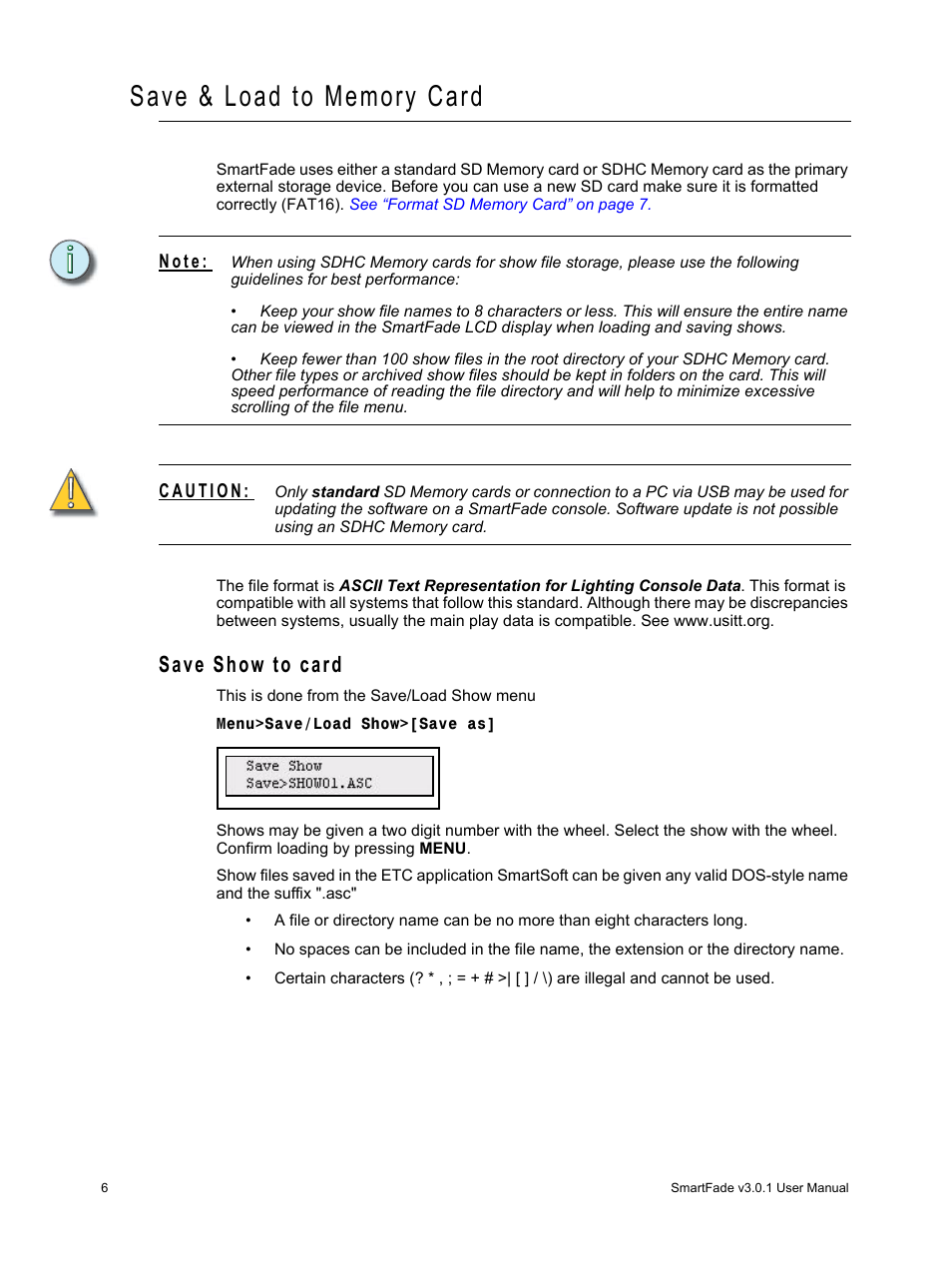 Save & load to memory card, Save show to card | ETC SmartFade v3.0.1 User Manual | Page 12 / 84