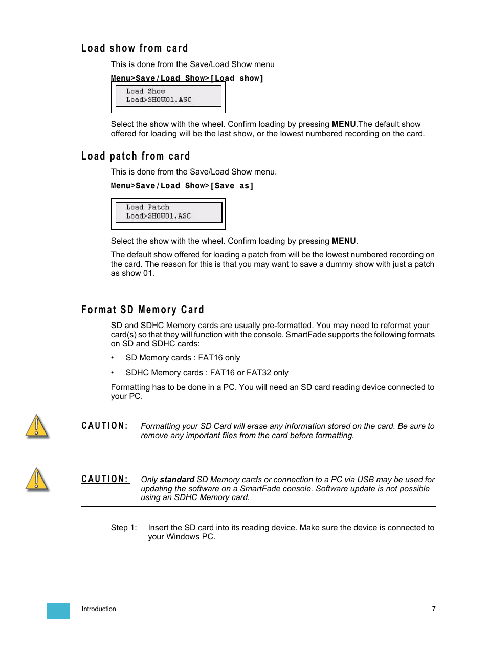 Load show from card, Load patch from card, Format sd memory card | ETC SmartFade v3.0.1 User Manual | Page 13 / 84