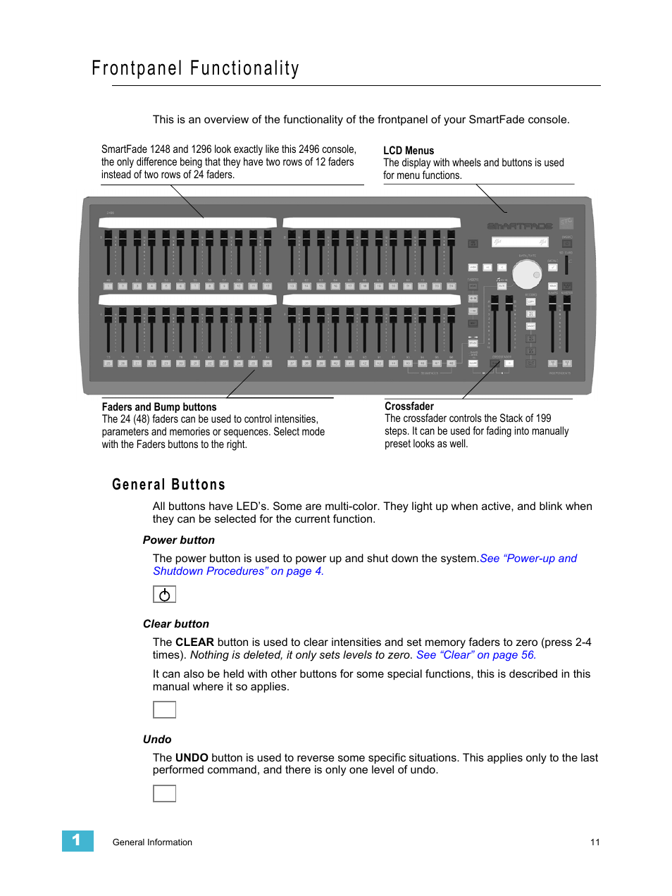 Frontpanel functionality, General buttons | ETC SmartFade v3.0.1 User Manual | Page 17 / 84