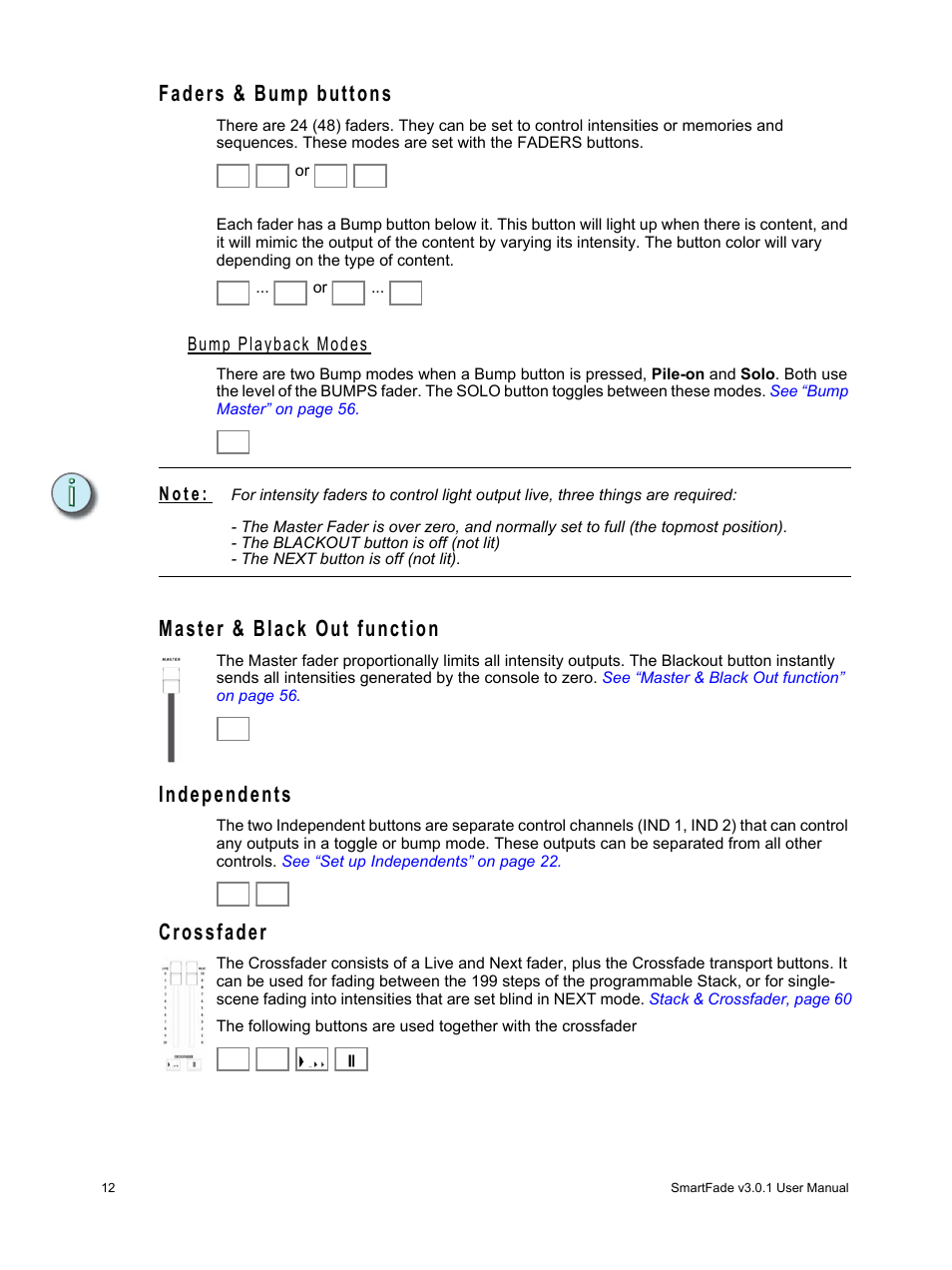 Faders & bump buttons, Bump playback modes, Master & black out function | Independents, Crossfader, N o t e | ETC SmartFade v3.0.1 User Manual | Page 18 / 84