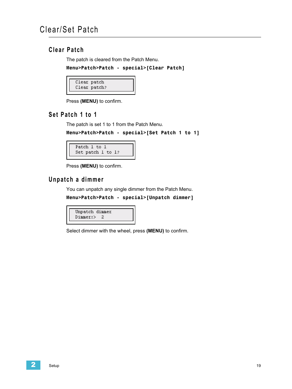 Clear/set patch, Clear patch, Set patch 1 to 1 | Unpatch a dimmer, Clear patch set patch 1 to 1 unpatch a dimmer | ETC SmartFade v3.0.1 User Manual | Page 25 / 84