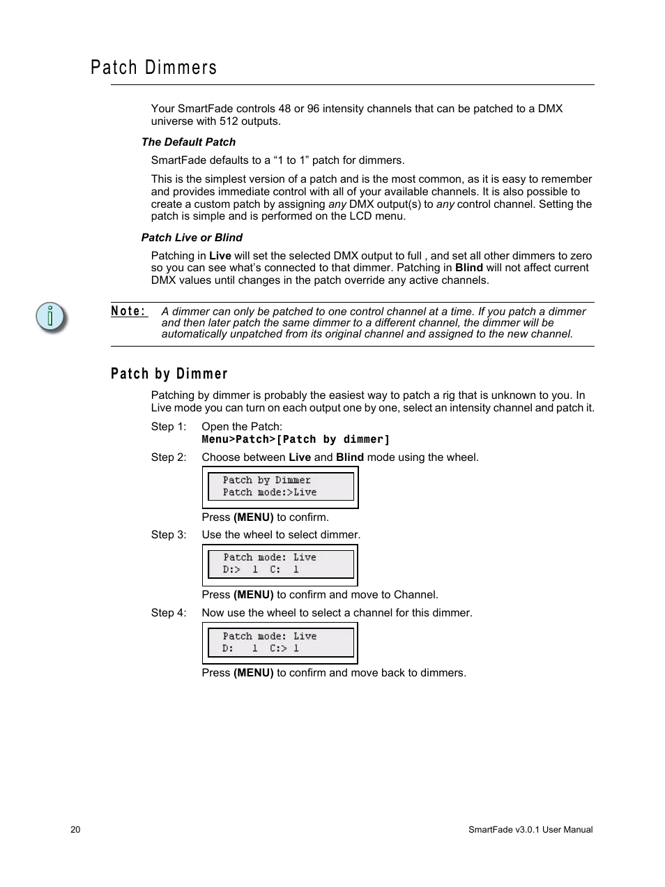 Patch dimmers, Patch by dimmer, N o t e | ETC SmartFade v3.0.1 User Manual | Page 26 / 84