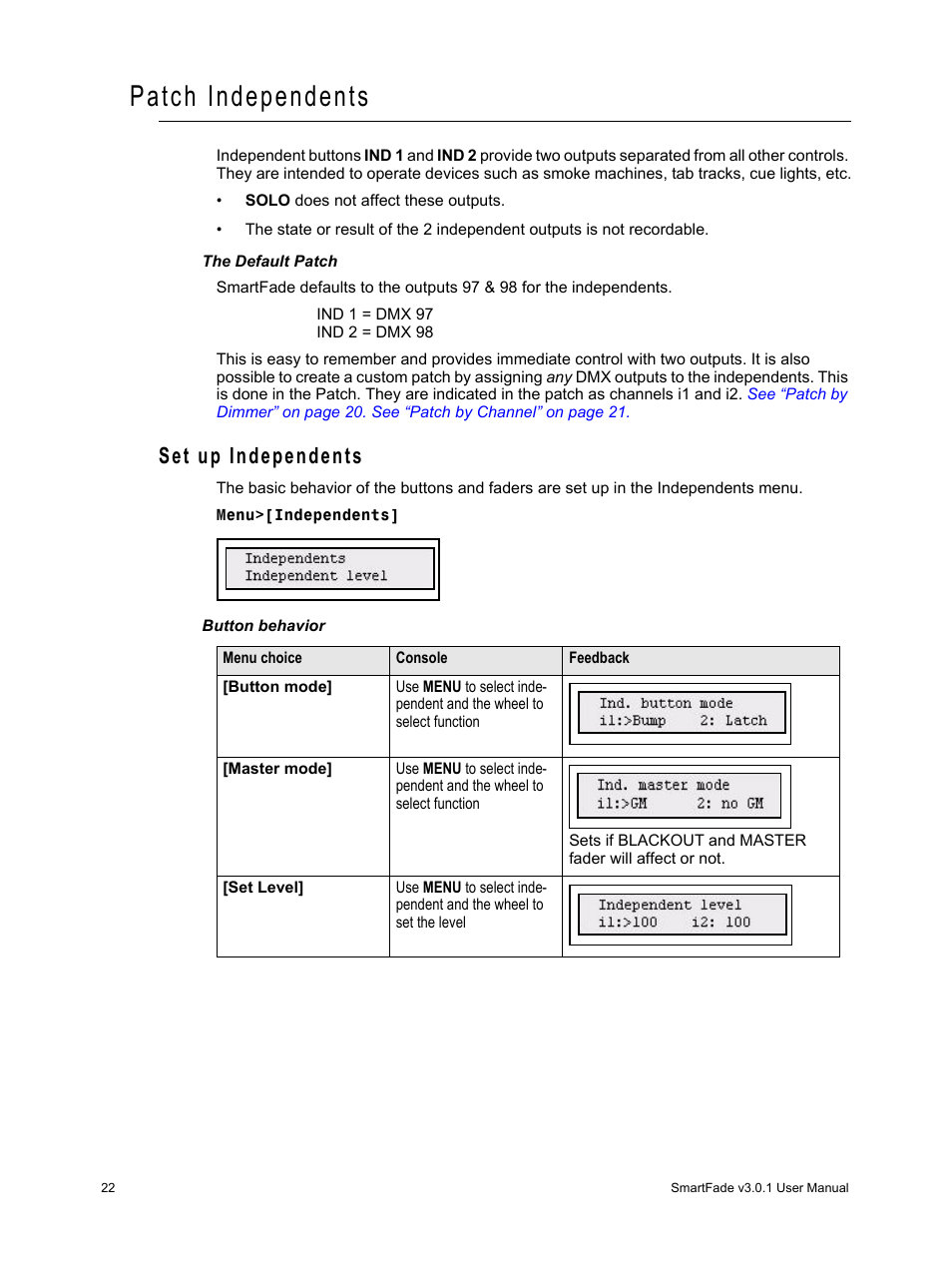 Patch independents, Set up independents | ETC SmartFade v3.0.1 User Manual | Page 28 / 84