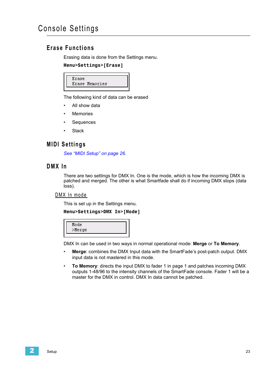 Console settings, Erase functions, Midi settings | Dmx in, Dmx in mode, Erase functions midi settings dmx in | ETC SmartFade v3.0.1 User Manual | Page 29 / 84