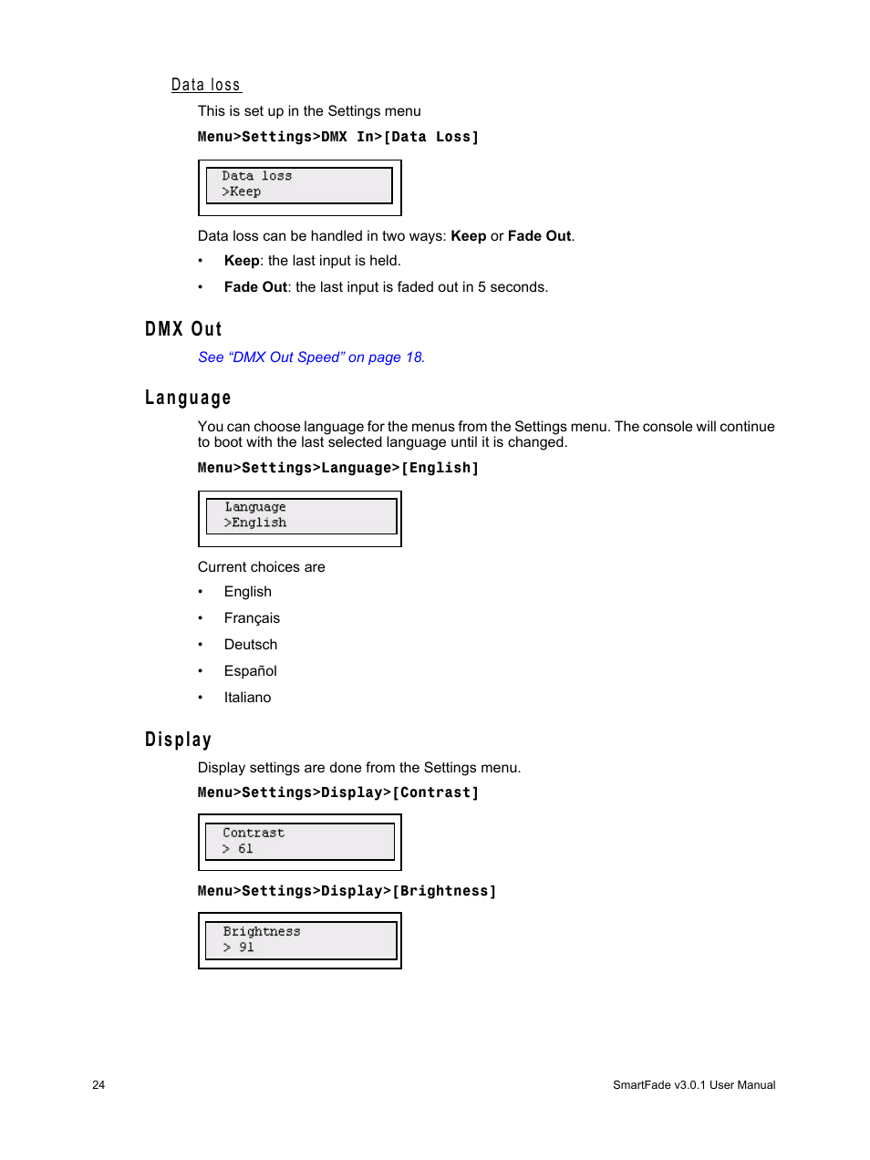 Data loss, Dmx out, Language | Display, Dmx out language display | ETC SmartFade v3.0.1 User Manual | Page 30 / 84