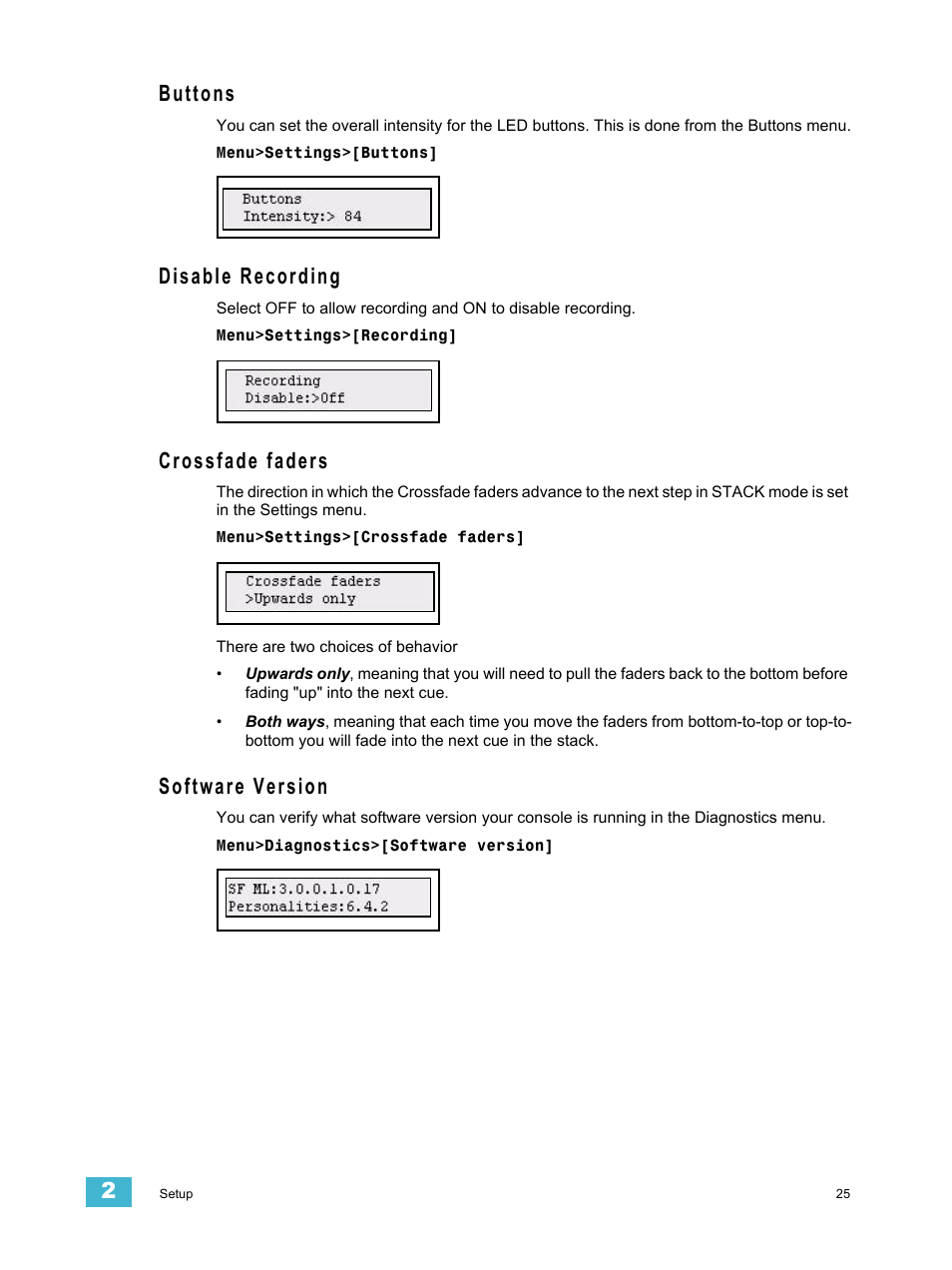 Buttons, Disable recording, Crossfade faders | Software version | ETC SmartFade v3.0.1 User Manual | Page 31 / 84