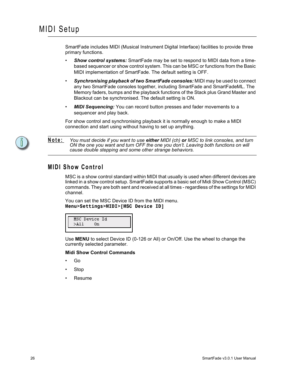 Midi setup, Midi show control, N o t e | ETC SmartFade v3.0.1 User Manual | Page 32 / 84