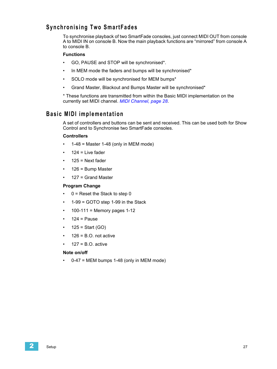 Synchronising two smartfades, Basic midi implementation | ETC SmartFade v3.0.1 User Manual | Page 33 / 84