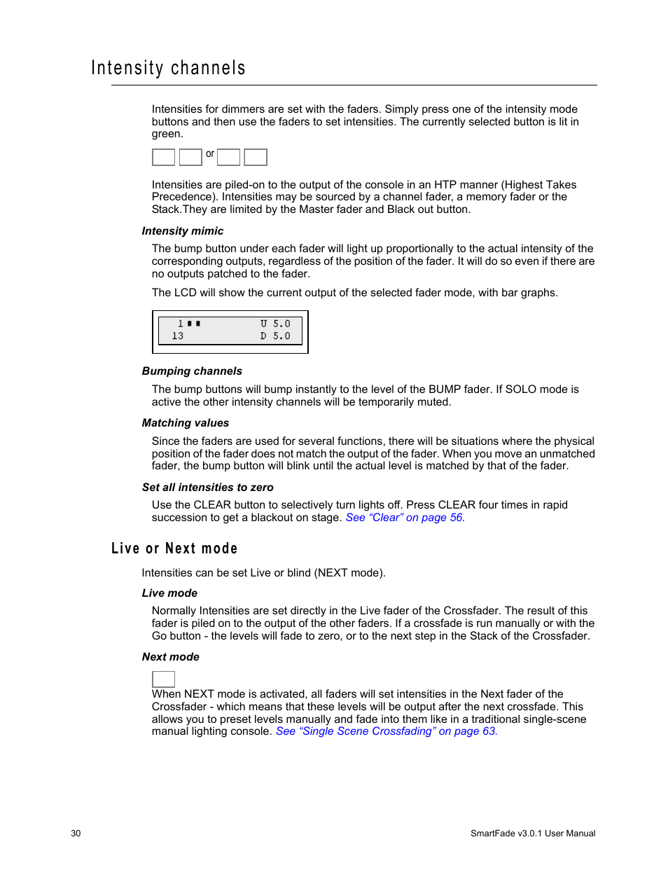 Intensity channels, Live or next mode | ETC SmartFade v3.0.1 User Manual | Page 36 / 84