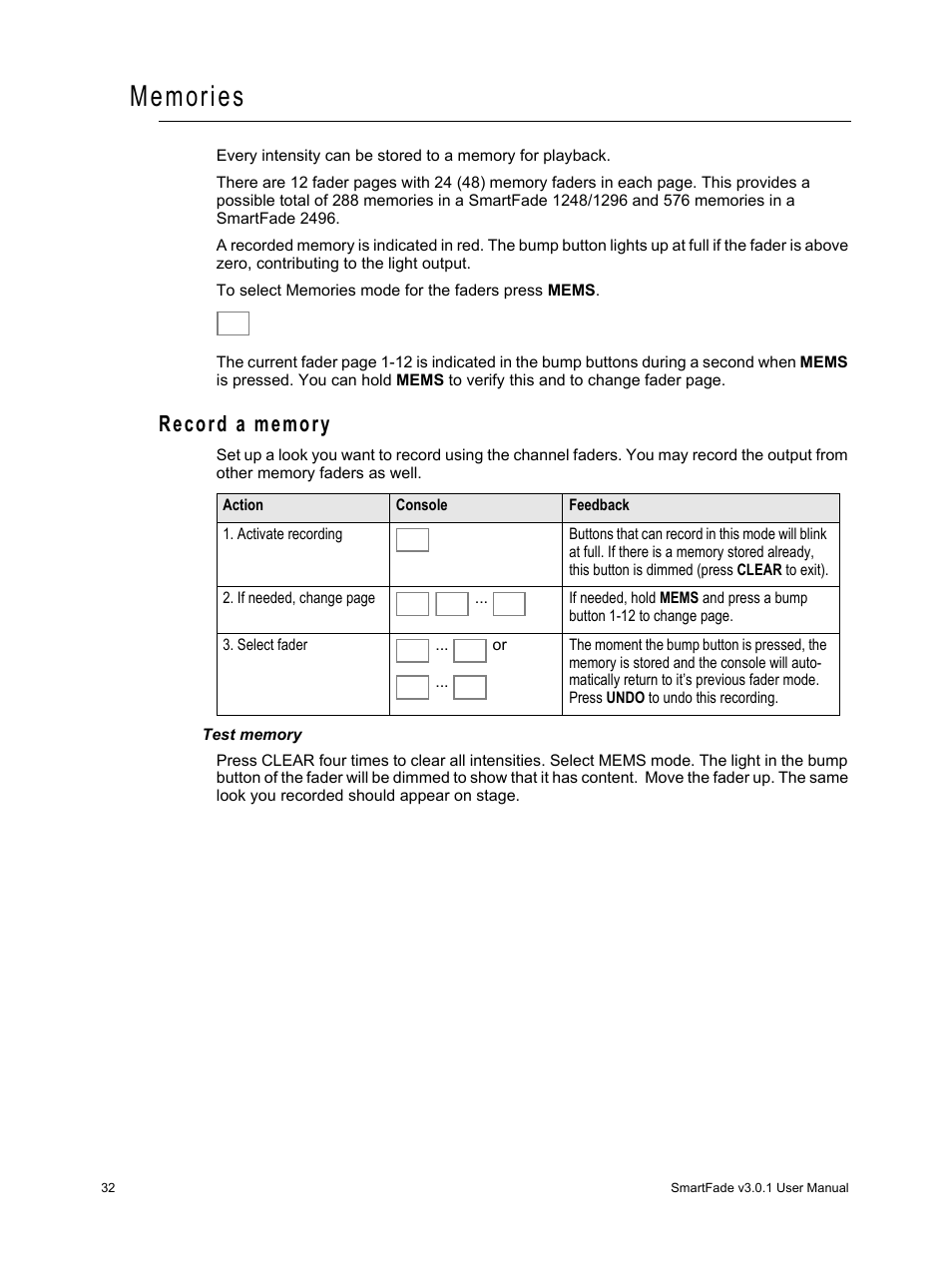 Memories, Record a memory | ETC SmartFade v3.0.1 User Manual | Page 38 / 84