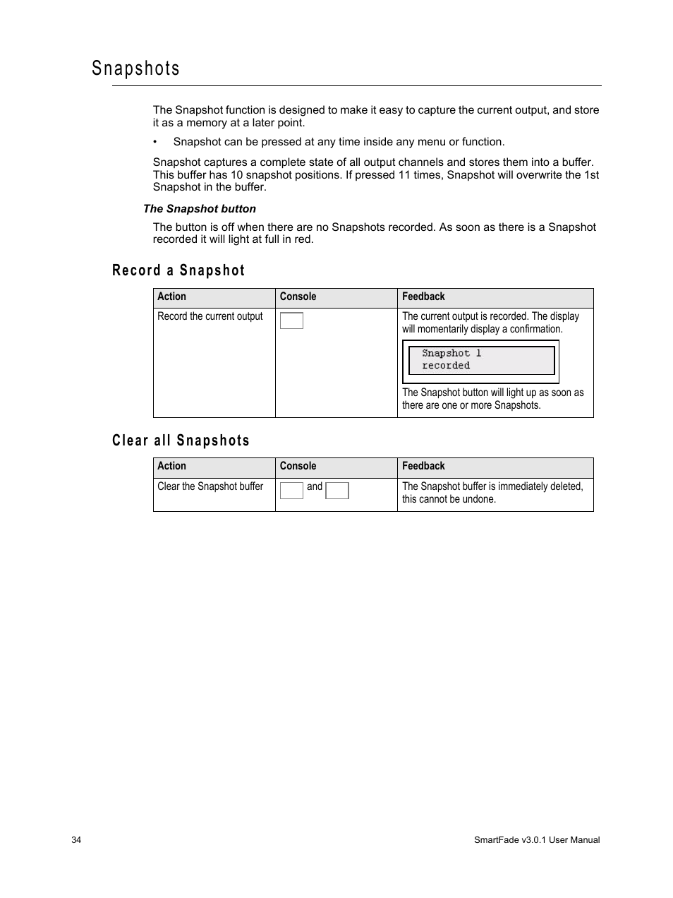 Snapshots, Record a snapshot, Clear all snapshots | Record a snapshot clear all snapshots | ETC SmartFade v3.0.1 User Manual | Page 40 / 84