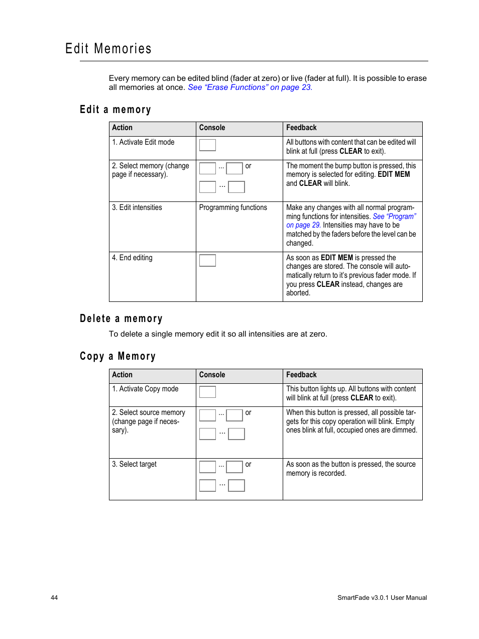 Edit memories, Edit a memory, Delete a memory | Copy a memory, Edit a memory delete a memory copy a memory | ETC SmartFade v3.0.1 User Manual | Page 50 / 84