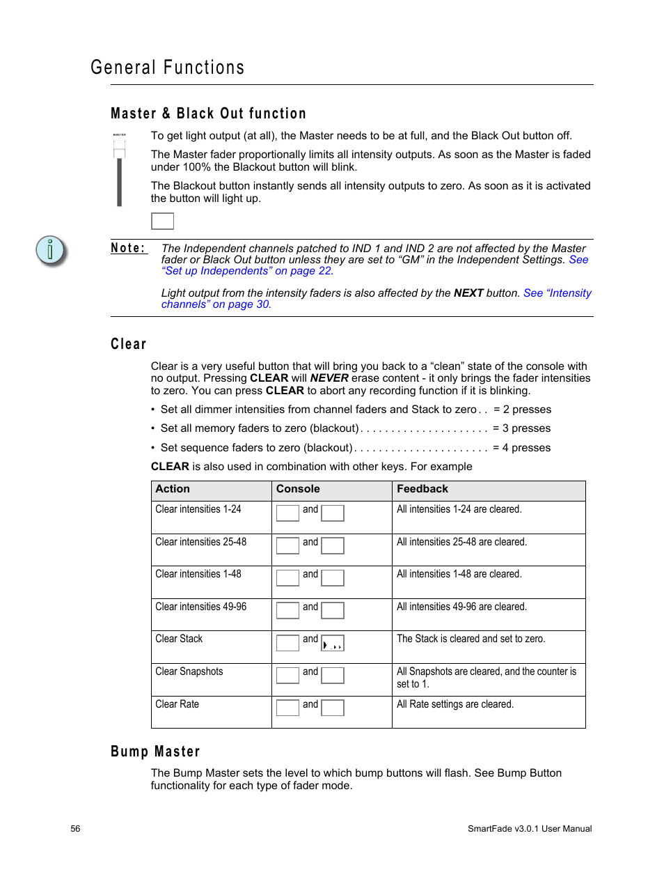 General functions, Master & black out function, Clear | Bump master, Master & black out function clear bump master, See “bump, See “master & black out function, N o t e | ETC SmartFade v3.0.1 User Manual | Page 62 / 84