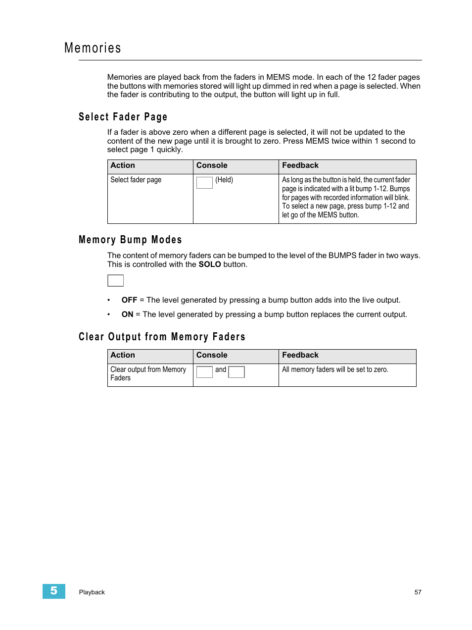 Memories, Memory bump modes, Clear output from memory faders | Select fader page | ETC SmartFade v3.0.1 User Manual | Page 63 / 84