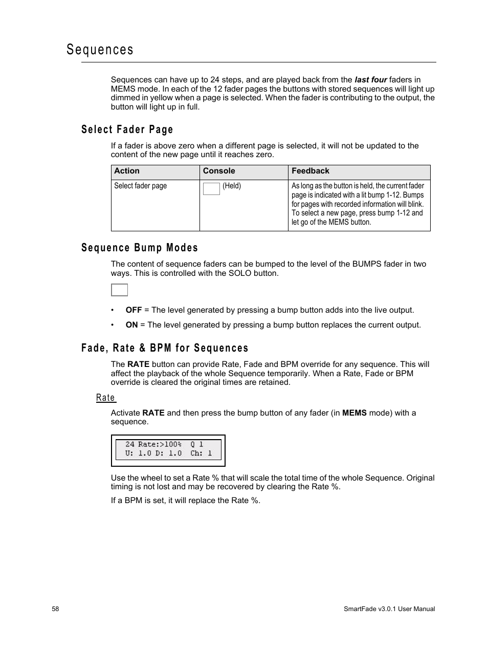 Sequences, Sequence bump modes, Fade, rate & bpm for sequences | Rate, Select fader page | ETC SmartFade v3.0.1 User Manual | Page 64 / 84