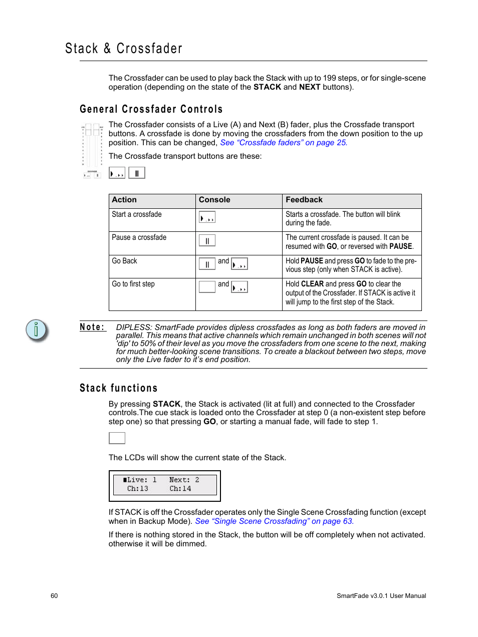 Stack & crossfader, General crossfader controls, Stack functions | General crossfader controls stack functions, N o t e | ETC SmartFade v3.0.1 User Manual | Page 66 / 84