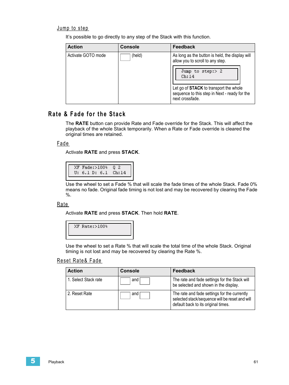 Jump to step, Rate & fade for the stack, Fade | Rate, Reset rate& fade | ETC SmartFade v3.0.1 User Manual | Page 67 / 84