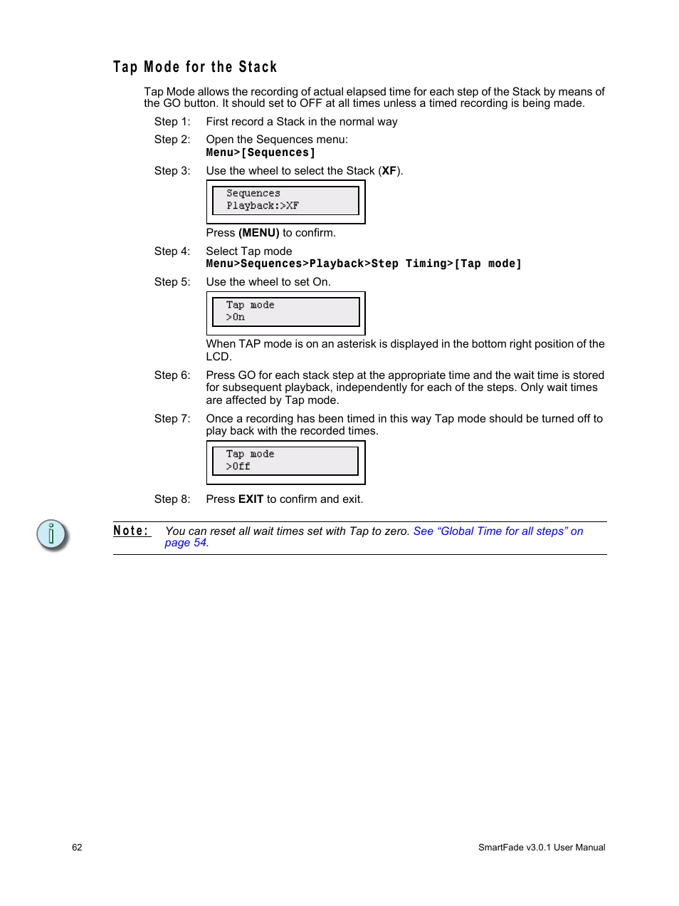 Tap mode for the stack, N o t e | ETC SmartFade v3.0.1 User Manual | Page 68 / 84
