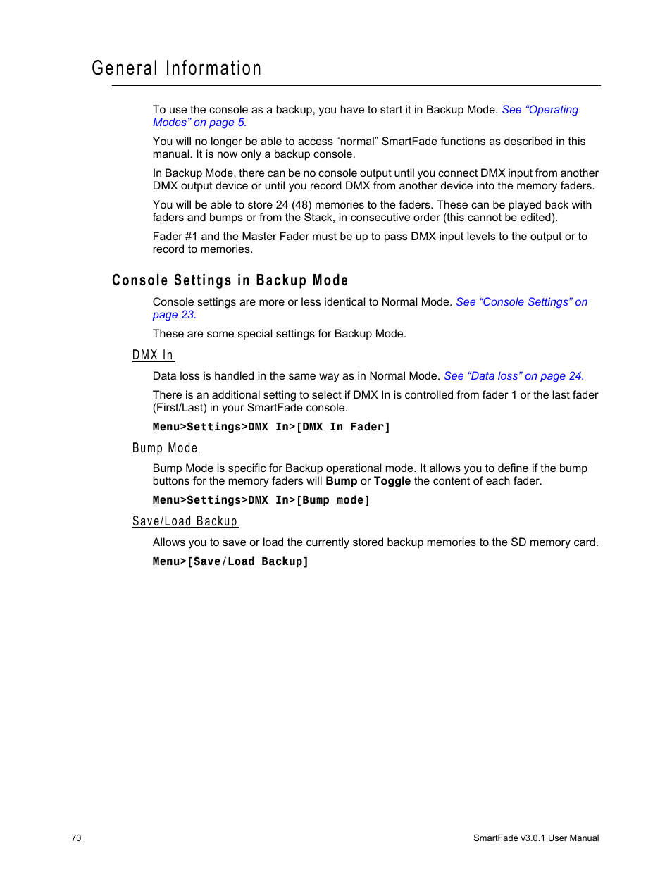General information, Console settings in backup mode, Dmx in | Bump mode, Save/load backup | ETC SmartFade v3.0.1 User Manual | Page 76 / 84