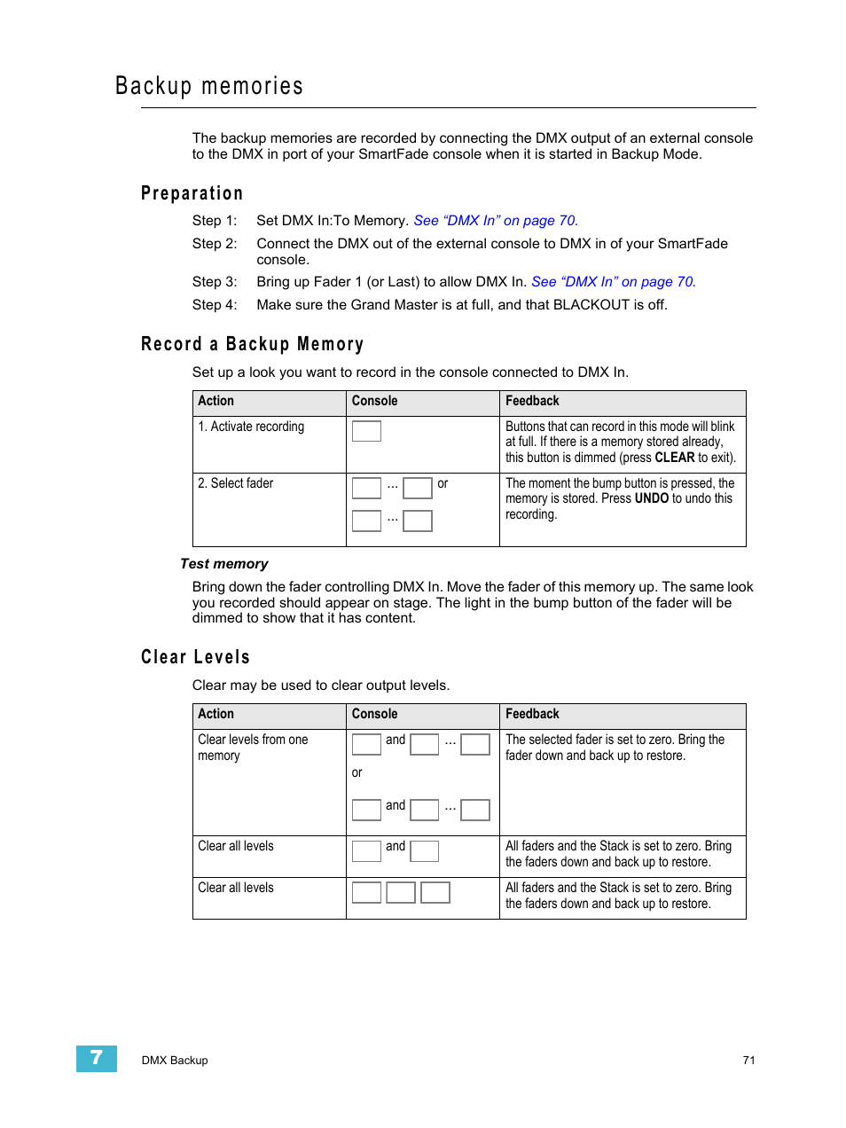Backup memories, Preparation, Record a backup memory | Clear levels, Preparation record a backup memory clear levels | ETC SmartFade v3.0.1 User Manual | Page 77 / 84