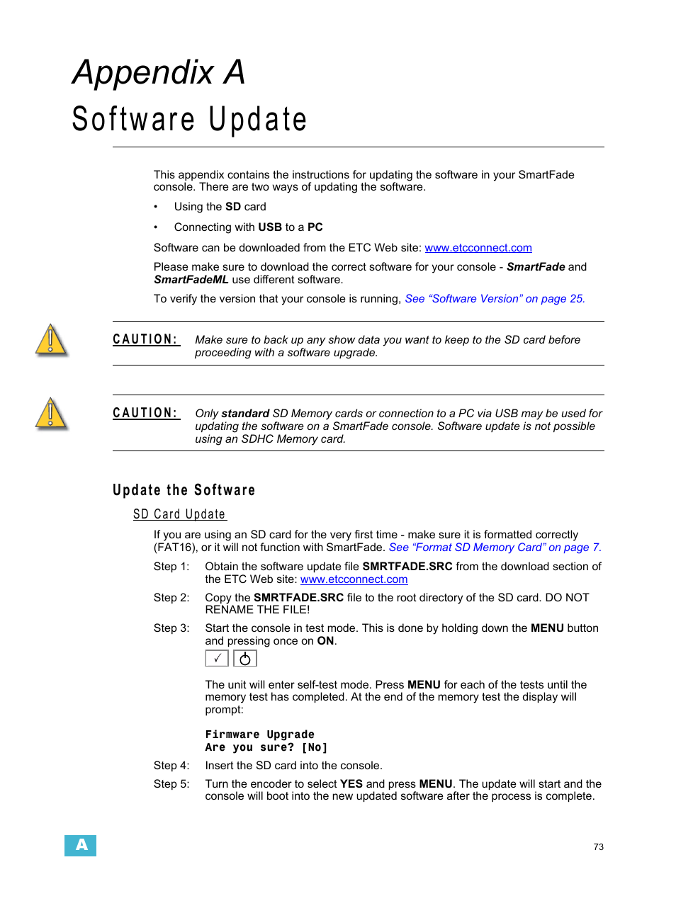 Software update, Update the software, Sd card update | Appendix a software update | ETC SmartFade v3.0.1 User Manual | Page 79 / 84