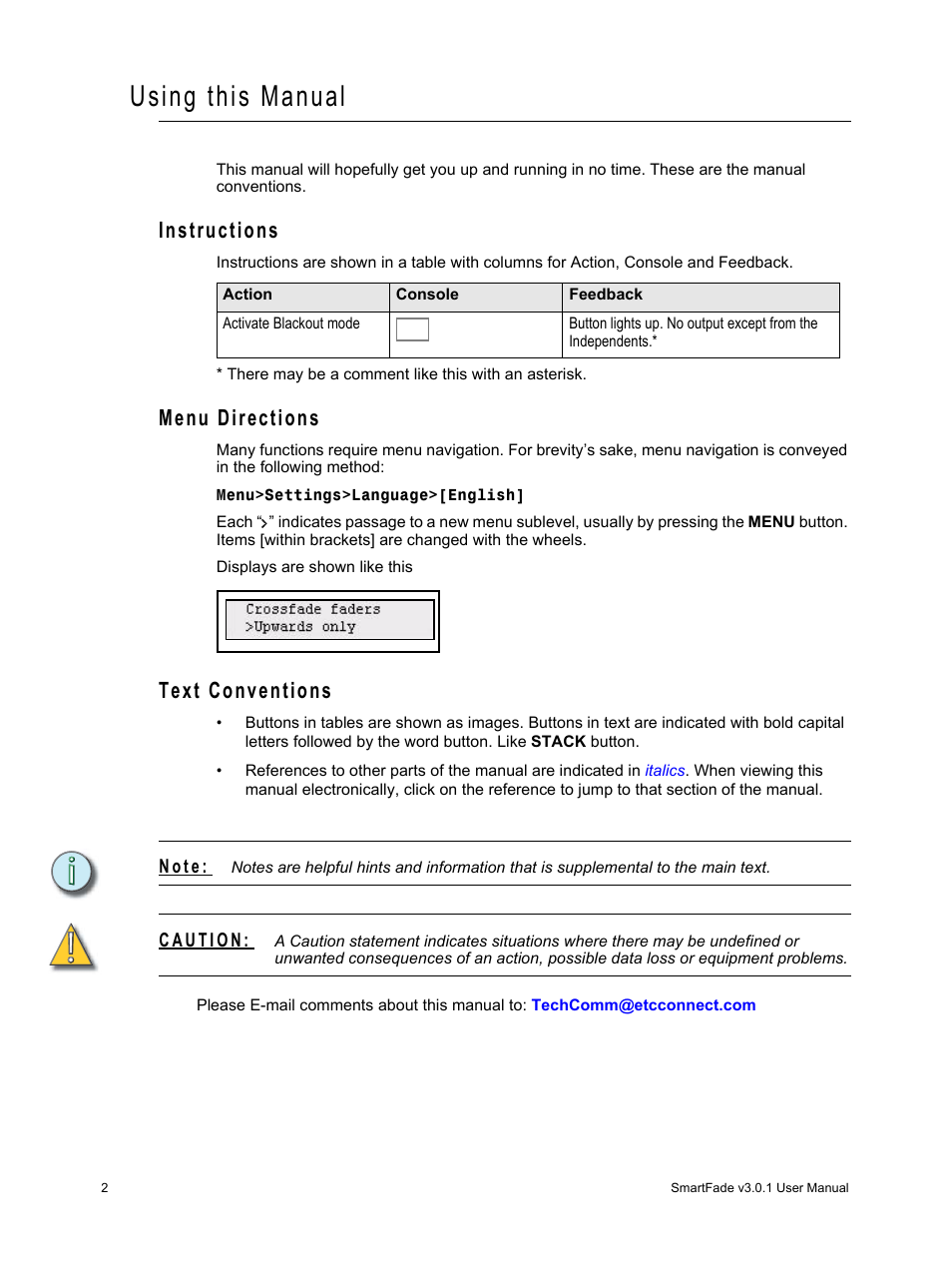 Using this manual, Instructions, Menu directions | Text conventions, Instructions menu directions text conventions | ETC SmartFade v3.0.1 User Manual | Page 8 / 84