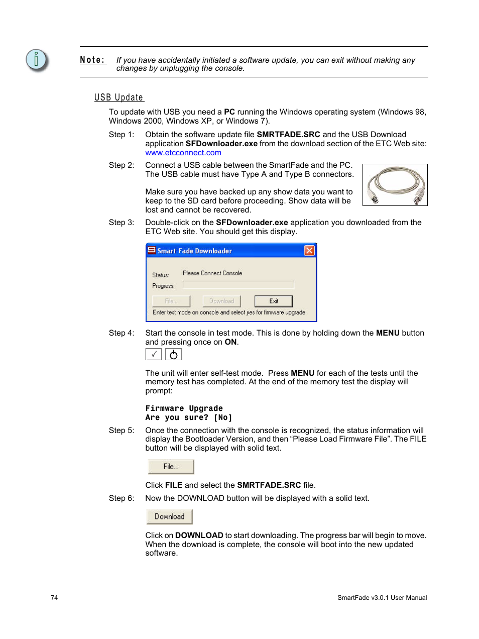 Usb update, N o t e | ETC SmartFade v3.0.1 User Manual | Page 80 / 84