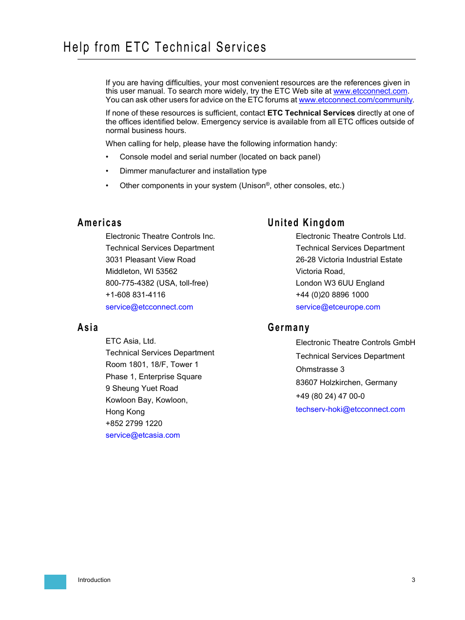 Help from etc technical services, Americas, Asia | United kingdom, Germany | ETC SmartFade v3.0.1 User Manual | Page 9 / 84