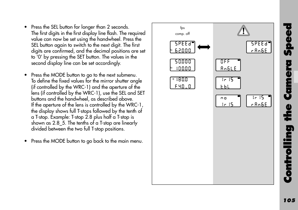 Speed / compensation iris, Controlling the camera speed | ARRI WRC-1 User Manual | Page 105 / 196