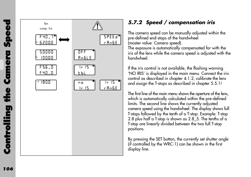 2 speed / compensation iris, Controlling the camera speed | ARRI WRC-1 User Manual | Page 106 / 196