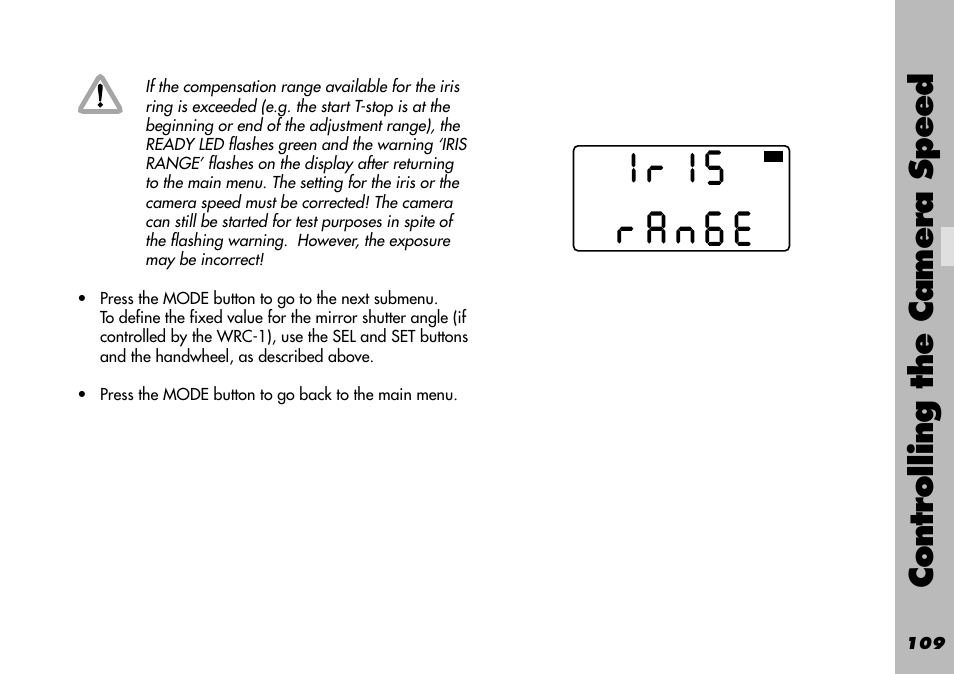 Speed / compensation shutter angle, Controlling the camera speed | ARRI WRC-1 User Manual | Page 109 / 196