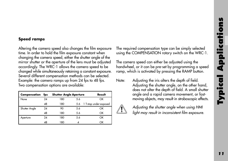 Speed ramps, Exposure fluctuations, Hmi light | Inconsistent exposure, Stroboscopic effects, Functions, Typical applications | ARRI WRC-1 User Manual | Page 11 / 196