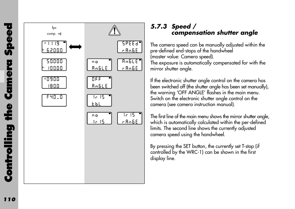 3 speed / compensation shutter angle, Controlling the camera speed | ARRI WRC-1 User Manual | Page 110 / 196