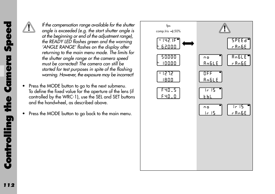 Speed / compensation iris and shutter angle 50, Controlling the camera speed | ARRI WRC-1 User Manual | Page 112 / 196