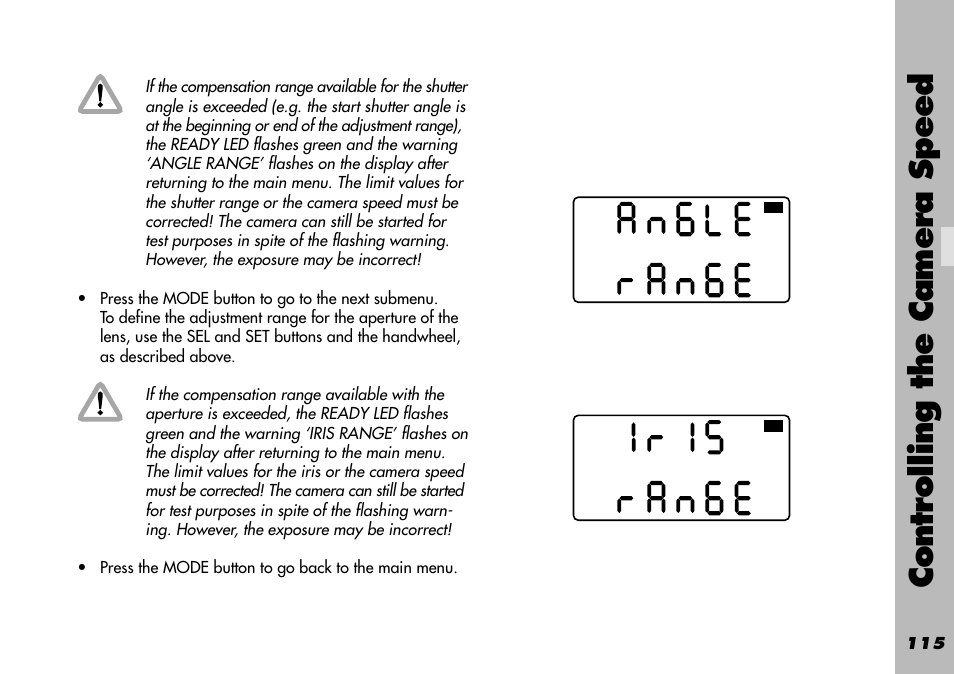 Speed / compensation max. iris, Controlling the camera speed | ARRI WRC-1 User Manual | Page 115 / 196