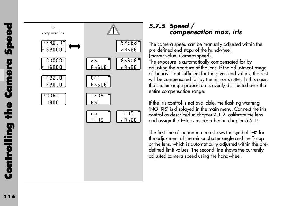 5 speed / compensation max. iris, Controlling the camera speed | ARRI WRC-1 User Manual | Page 116 / 196