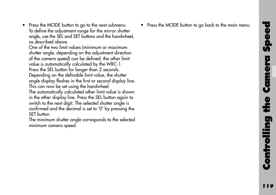 Speed / compensation max. shutter angle, Controlling the camera speed | ARRI WRC-1 User Manual | Page 119 / 196
