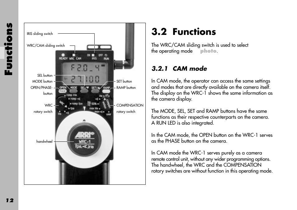 2 functions, 1 cam mode, Mode | Open, Phase, Ramp, Cam mode, Functions, Handwheel, Mode button | ARRI WRC-1 User Manual | Page 12 / 196