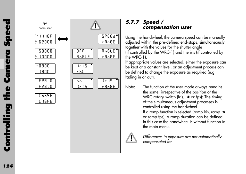 7 speed / compensation user, Controlling the camera speed | ARRI WRC-1 User Manual | Page 124 / 196
