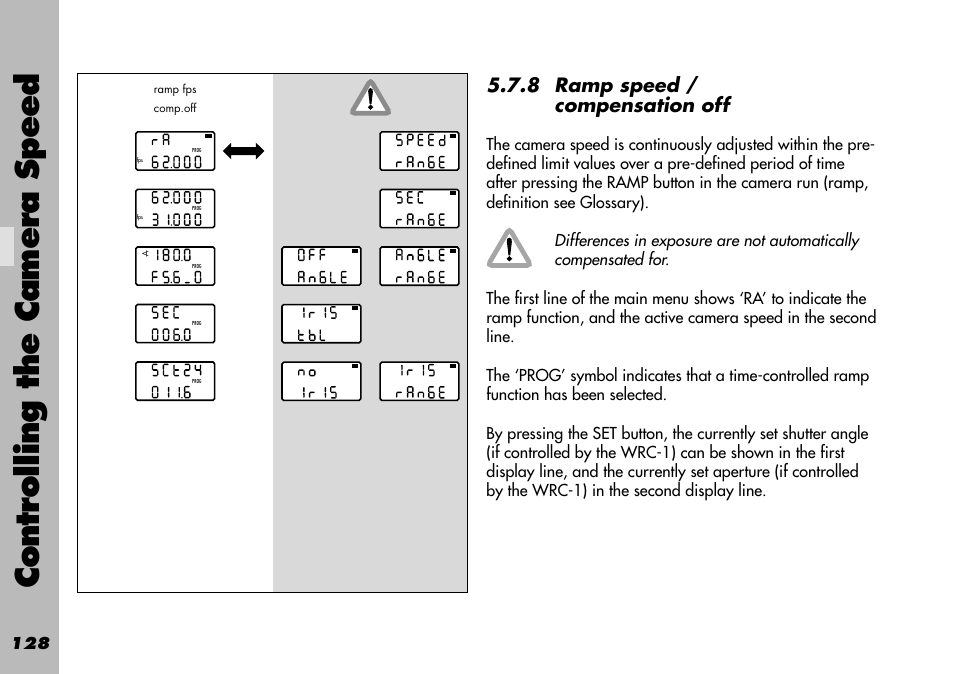 8 ramp speed / compensation off, Controlling the camera speed | ARRI WRC-1 User Manual | Page 128 / 196