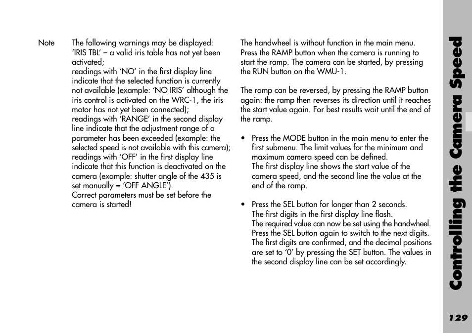 Controlling the camera speed | ARRI WRC-1 User Manual | Page 129 / 196