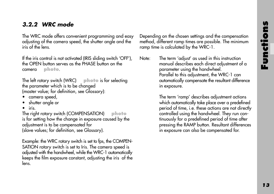 2 wrc mode, Adjustments, Rotary switch | Iris sliding switch, Master values, Ramp, Time, Compensation, Slave values, Iris | ARRI WRC-1 User Manual | Page 13 / 196