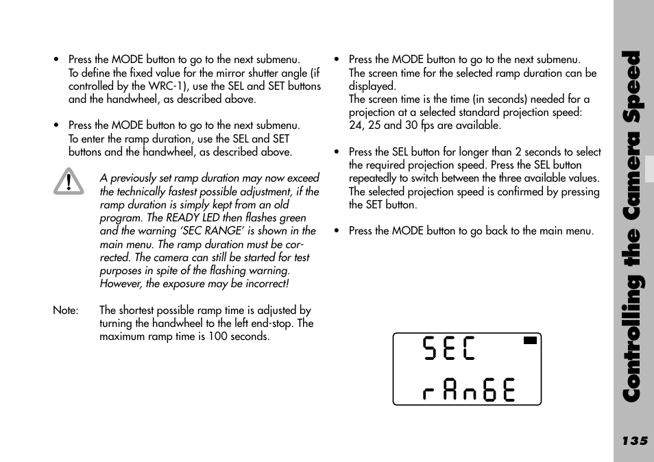Ramp speed / compensation shutter angle, Controlling the camera speed | ARRI WRC-1 User Manual | Page 135 / 196