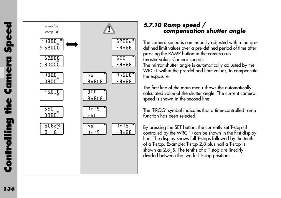 10 ramp speed / compensation shutter angle, Controlling the camera speed | ARRI WRC-1 User Manual | Page 136 / 196