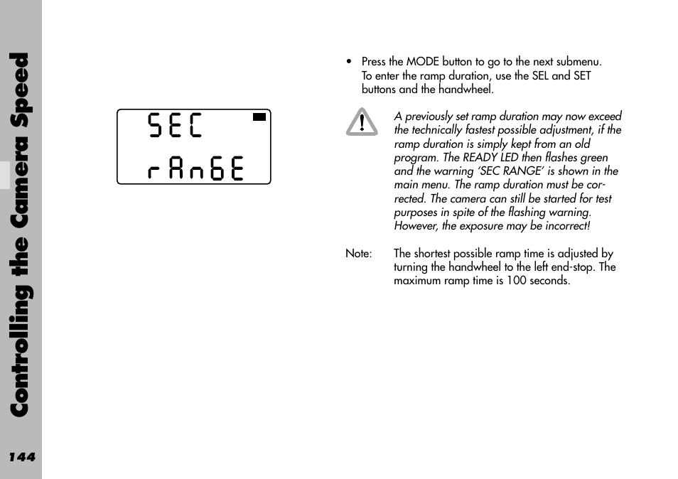 Ramp speed / compensation max. iris, Controlling the camera speed | ARRI WRC-1 User Manual | Page 144 / 196