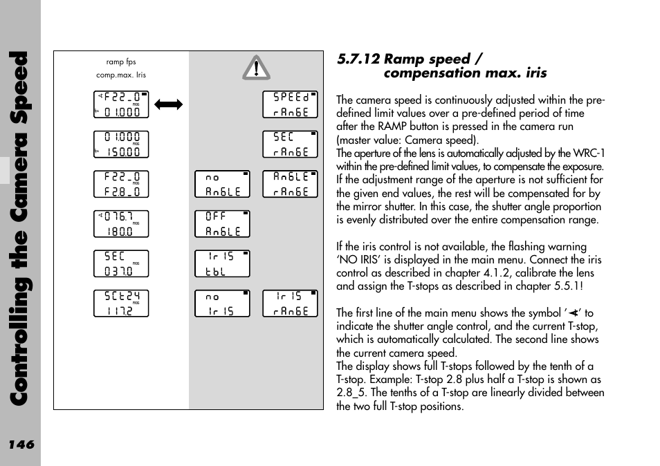 12 ramp speed / compensation max. iris, Controlling the camera speed | ARRI WRC-1 User Manual | Page 146 / 196